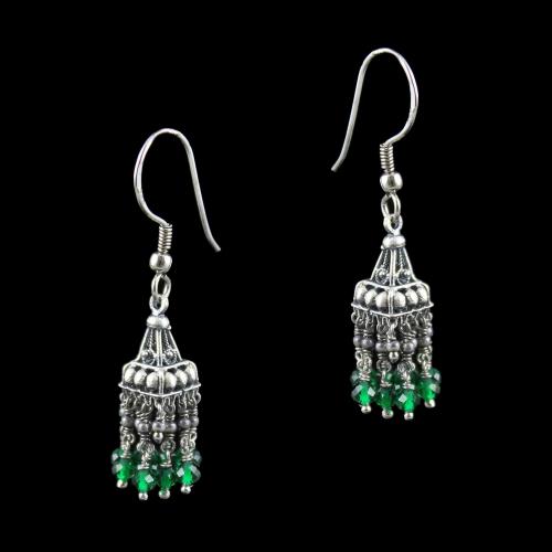 OXIDIZED SILVER JHUMKA WITH EMERALD
