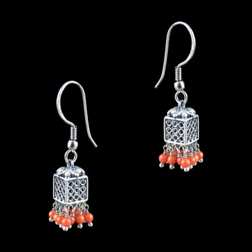 OXIDIZED SILVER JHUMKA WITH CORAL BEADS