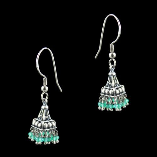 OXIDIZED SILVER JHUMKA WITH GREEN HYDRO BEADS