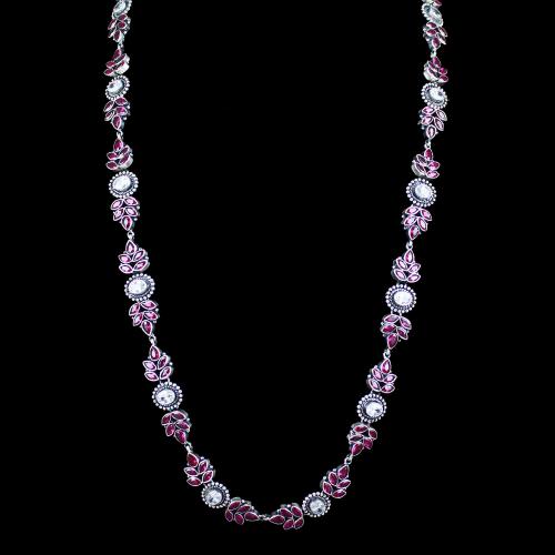 OXIDIZED SILVER RED CORUNDUM AND CZ FLORAL NECKLACE