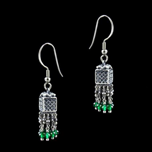 OXIDIZED SILVER JHUMKA WITH GREEN HYDRO BEADS