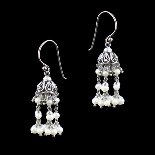 OXIDIZED SILVER HANGING JHUMKA WITH PEARL BEADS