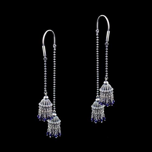 OXIDIZED SILVER HANGING JHUMKA WITH SAPPHIRE BEADS