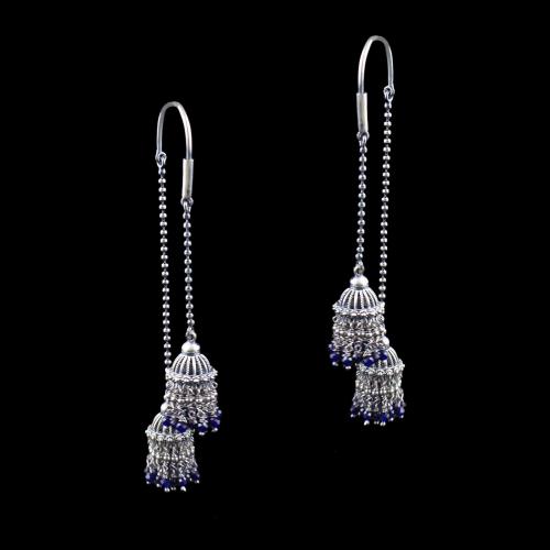 OXIDIZED SILVER HANGING JHUMKA WITH SAPPHIRE BEADS