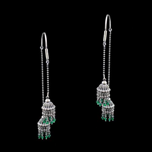 OXIDIZED SILVER HANGING JHUMKA WITH GREEN HYDRO BEADS