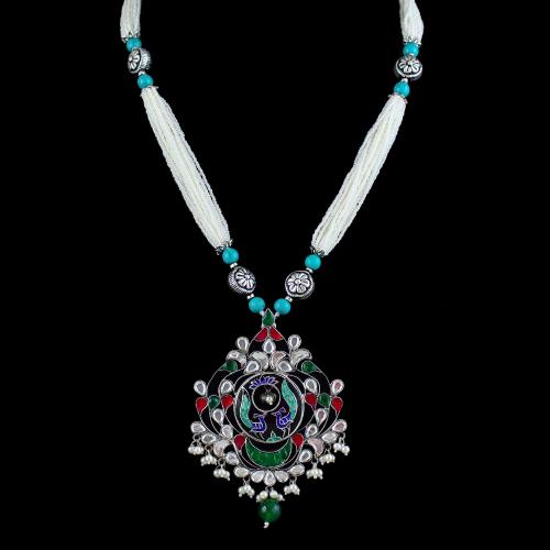 OXIDIZED SILVER KUNDAN NECKLACE WITH PEARLS