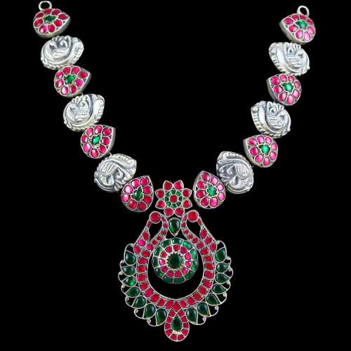 OXIDIZED SILVER KUNDAN STONES WITH PEACOCK NECKLACE