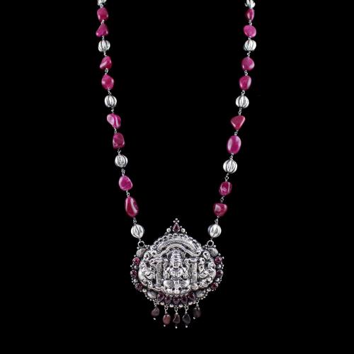 OXIDIZED SILVER LAKSHMI NECKLACE WITH RED QUARTZ AND GARNET BEADS