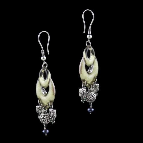 OXIDEZED SILVER HANGING EARRINGS WITH CRYSTAL AND BLACK PEARLS