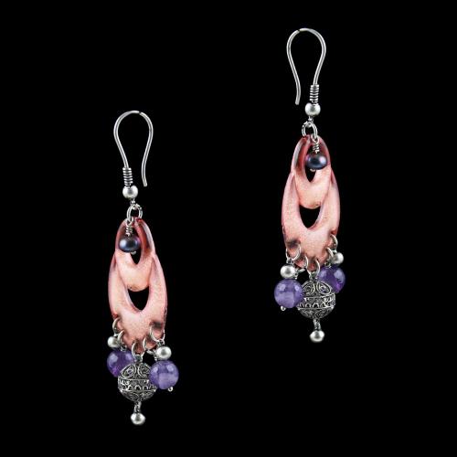 OXIDEZED SILVER HANGING EARRINGS WITH CRYSTAL AND PURPLE QUARTZ