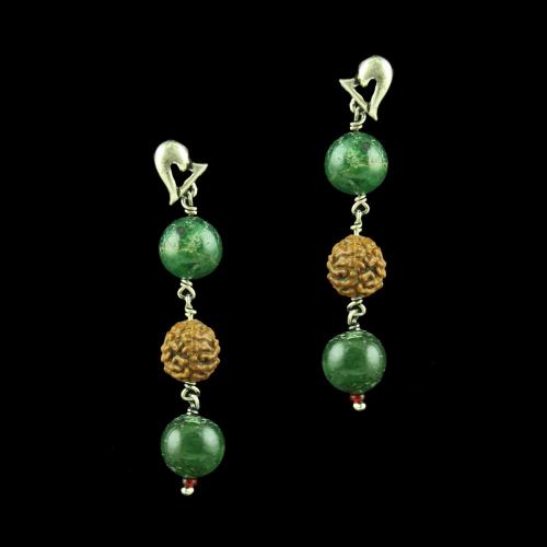 OXIDIZED SILVER EARRINGS WITH RUDRAKSHA AND MALACHITE BEADS