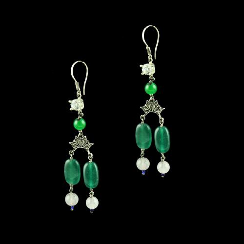OXIDEZED SILVER HANGING EARRINGS WITH CZ AND MALACHITE BEADS