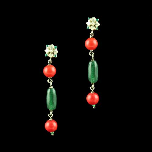 OXIDIZED SILVER EARRINGS WITH CORAL AND MALACHITE BEADS