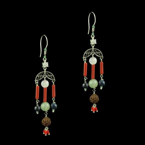 OXIDIZED SILVER HANGING EARRINGS WITH MULTI COLOR STONES