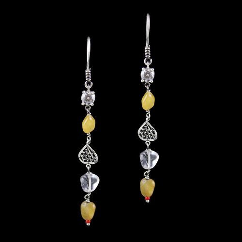OXIDIZED SILVER HANGING EARRINGS WITH CZ AND QUARTZ BEADS