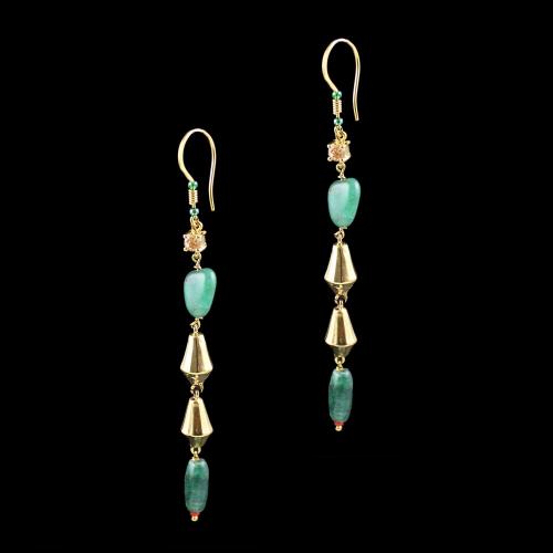 GOLD PLATED HANGING EARRINGS WITH CZ AND MALACHITE BEADS