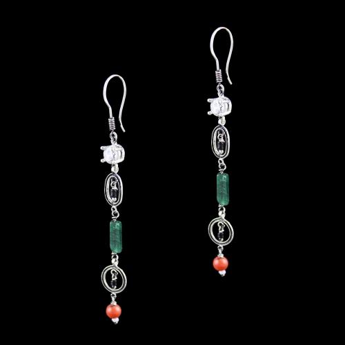 OXIDIZED SILVER HANGING EARRINGS WITH CZ MALACHITE AND CORAL BEADS