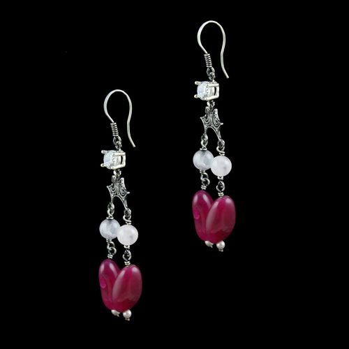 OXIDIZED SILVER HANGING EARRINGS WITH CZ AND QUARTZ BEADS