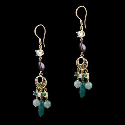 GOLD PLATED HANGING EARRINGS WITH CZ AND ONYX BEADS