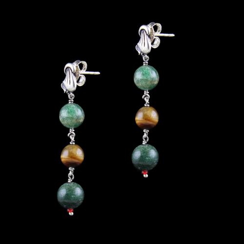 OXIDIZED SILVER FLORAL EARRINGS WITH TIGER EYE AND MALACHITE BEADS
