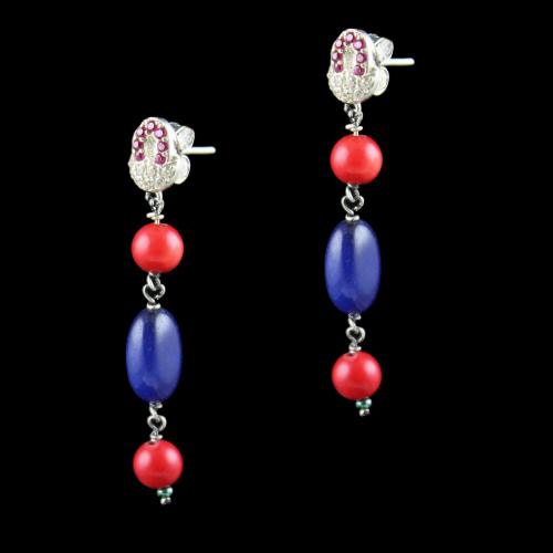OXIDIZED SILVER FLORAL EARRINGS WITH CZ AND CORAL BEADS