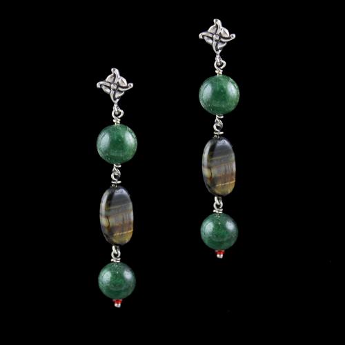 OXIDIZED SILVER EARRINGS WITH MALACHITE AND QUARTZ BEADS