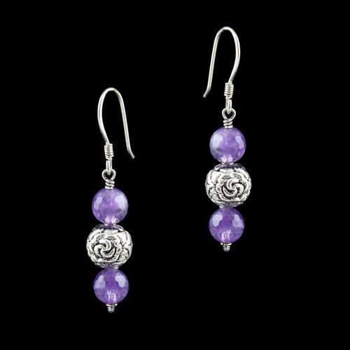 OXIDIZED SILVER HANGING EARRINGS WITH PURPLE QUARTZ BEADS