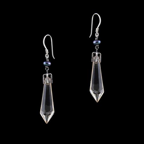 OXIDIZED SILVER HANGING EARRINGS WITH CRYSTAL AND BLACK BEADS
