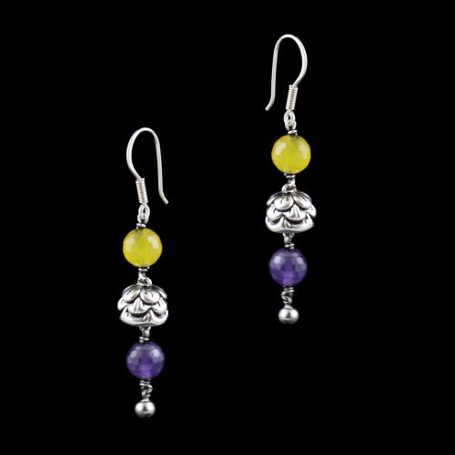 OXIDIZED SILVER HANGING EARRINGS WITH YELLOW AND PURPLE QUARTZ BEADS