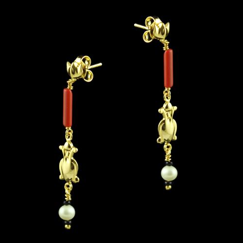 GOLD PLATED DROPS EARRINGS WITH CORAL AND PEARLS