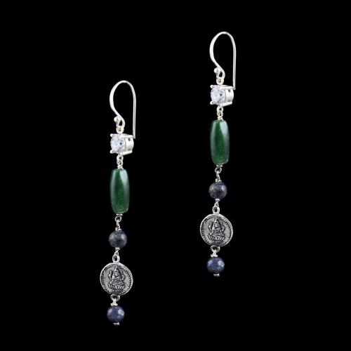 OXIDIZED SILVER LAKSHMI EARRINGS WITH CZ AND JADE BEADS