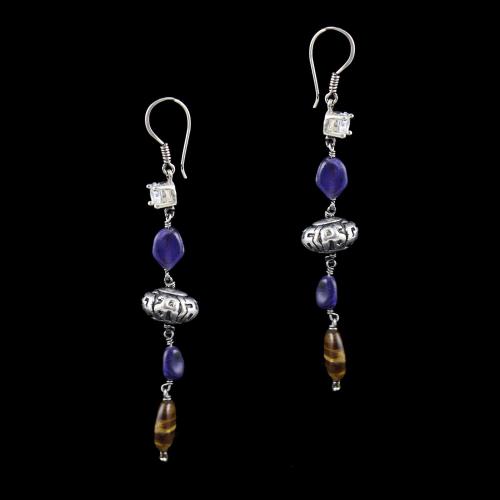 OXIDIZED SILVER HANGING EARRINGS WITH CZ AND QUARTZ BEADS