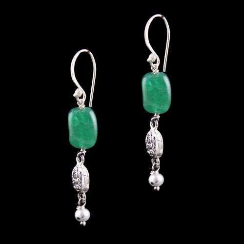 OXIDIZED SILVER HANGING EARRINGS WITH JADE BEADS AND PEARLS