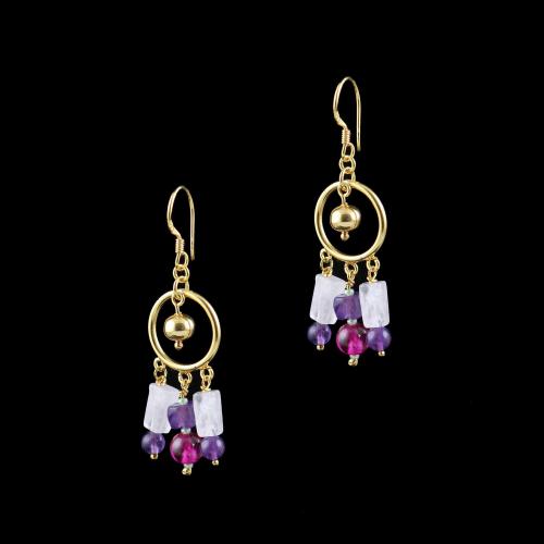 GOLD PLATED HANGING EARRINGS WITH RED AND PURPLE QUARTZ BEADS