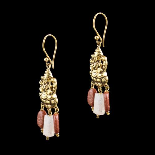 GOLD PLATED LAKSHMI EARRINGS WITH SUN STONES AND QUARTZ BEADS