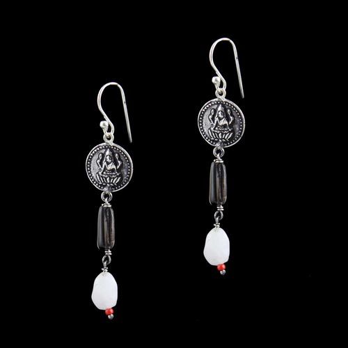 OXIDIZED SILVER LAKSHMI EARRINGS WITH QUARTZ BEADS