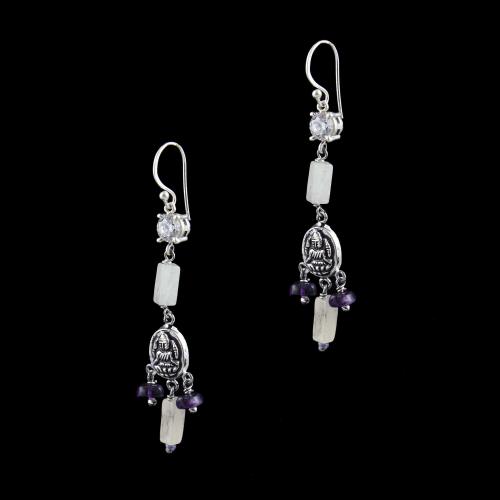 OXIDIZED SILVER HANGING EARRINGS WITH CZ AND PURPLE QUARTZ BEADS
