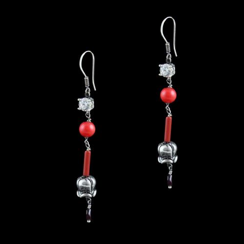 OXIDIZED SILVER HANGING EARRINGS WITH CZ CORAL AND GARNET BEADS