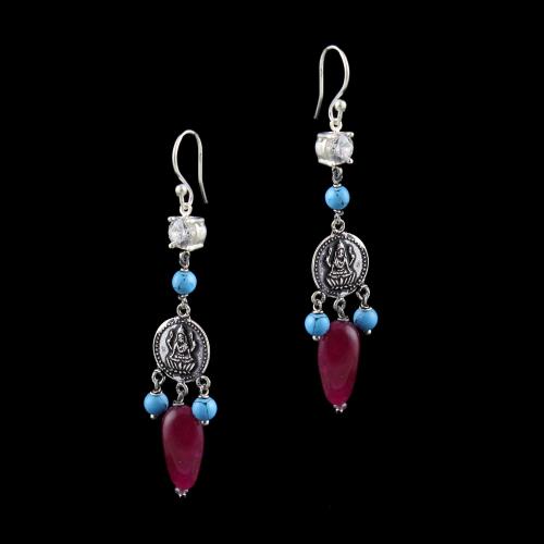 OXIDIZED SILVER LAKSHMI EARRINGS WITH CZ AND TURQUOISE BEADS