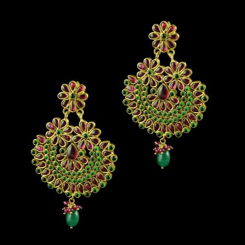 GOLD PLATED FLORAL EARRINGS WITH RED AND GREEN ONYX STONES
