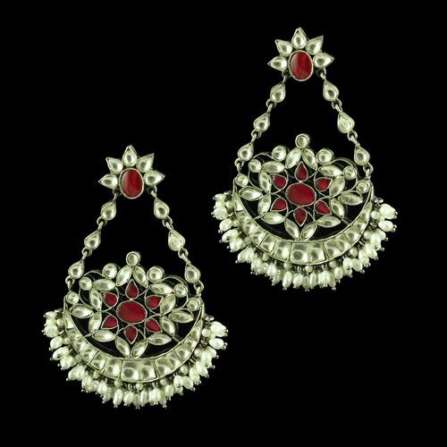 OXIDIZED SILVER KUNDAN STONE CHANDBALI WITH PERAL