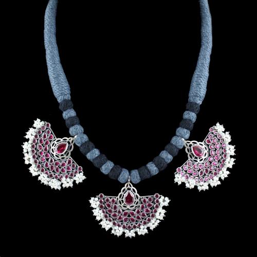 OXIDIZED SILVER RED CORUNDUM AND PEARL NECKLACE