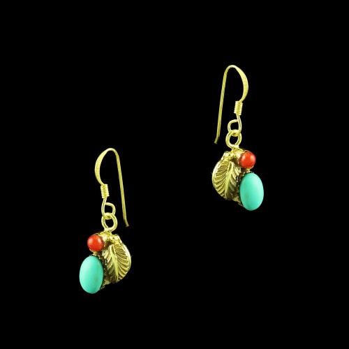 GOLD PLATED TURQUOISE WITH CORAL HANGING EARRINGS