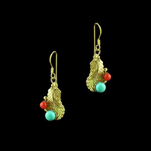 GOLD PLATED HANGING EARRINGS WITH CORAL AND TURQUOISE STONES