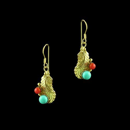 GOLD PLATED HANGING EARRINGS WITH CORAL AND TURQUOISE STONES