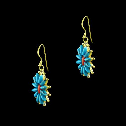 GOLD PLATED TURQUOISE WITH CORAL HANGING EARRINGS