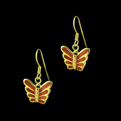 GOLD PLATED BUTTERFLY HANGING EARRINGS WITH CORAL