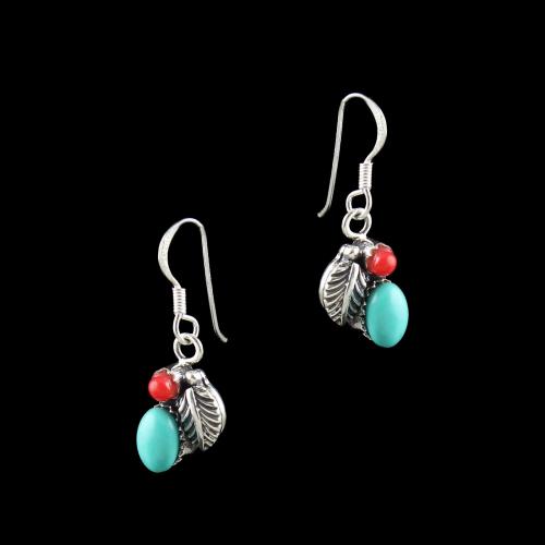 OXIDIZED SILVER HANGING EARRINGS WITH TURQUOISE AND CORAL