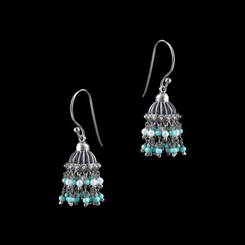 OXIDIZED SILVER JHUMKA WITH TURQUOISE AND PEARL