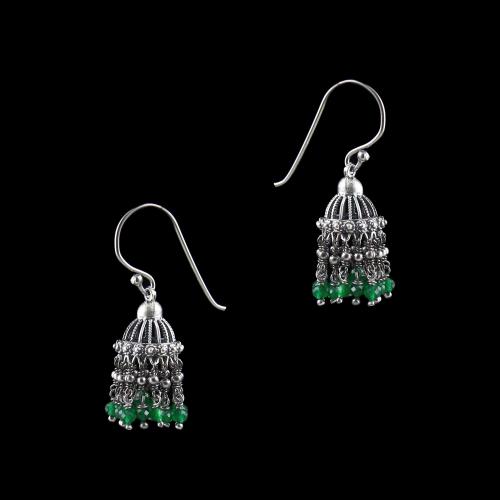 OXIDIZED SILVER JHUMKA WITH GREEN HYDRO